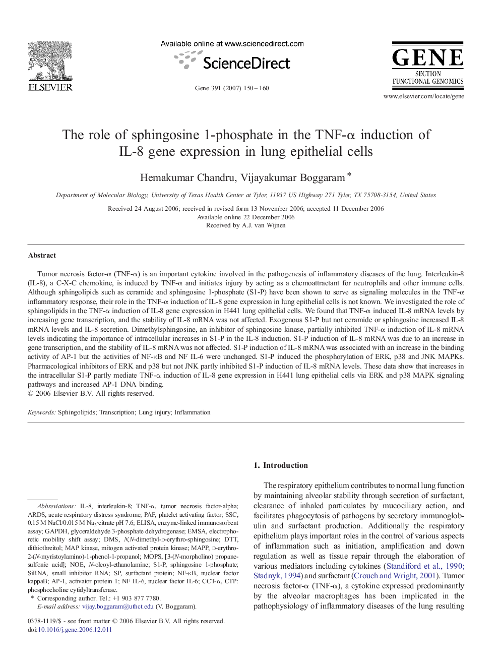 The role of sphingosine 1-phosphate in the TNF-α induction of IL-8 gene expression in lung epithelial cells