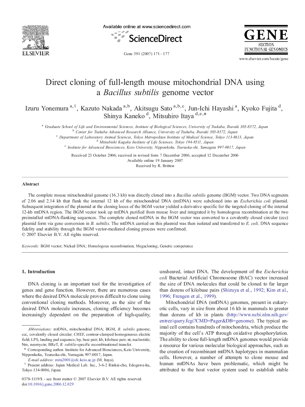 Direct cloning of full-length mouse mitochondrial DNA using a Bacillus subtilis genome vector