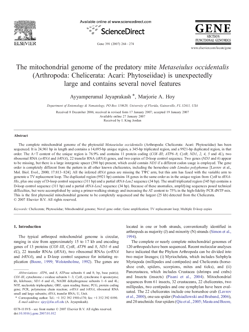 The mitochondrial genome of the predatory mite Metaseiulus occidentalis (Arthropoda: Chelicerata: Acari: Phytoseiidae) is unexpectedly large and contains several novel features