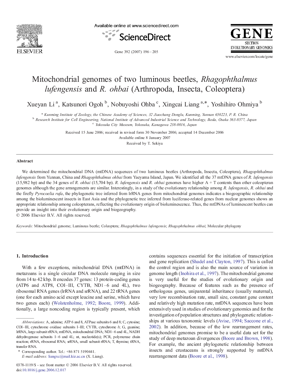 Mitochondrial genomes of two luminous beetles, Rhagophthalmus lufengensis and R. ohbai (Arthropoda, Insecta, Coleoptera)