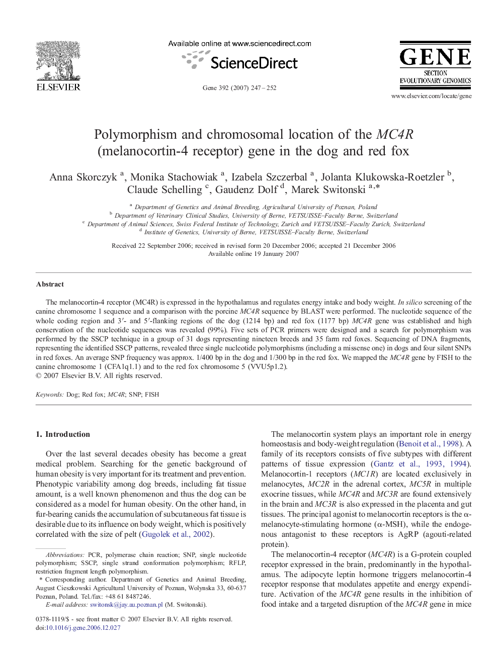 Polymorphism and chromosomal location of the MC4R (melanocortin-4 receptor) gene in the dog and red fox