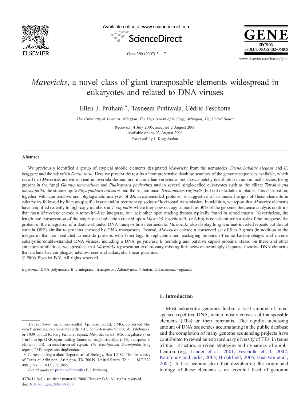 Mavericks, a novel class of giant transposable elements widespread in eukaryotes and related to DNA viruses