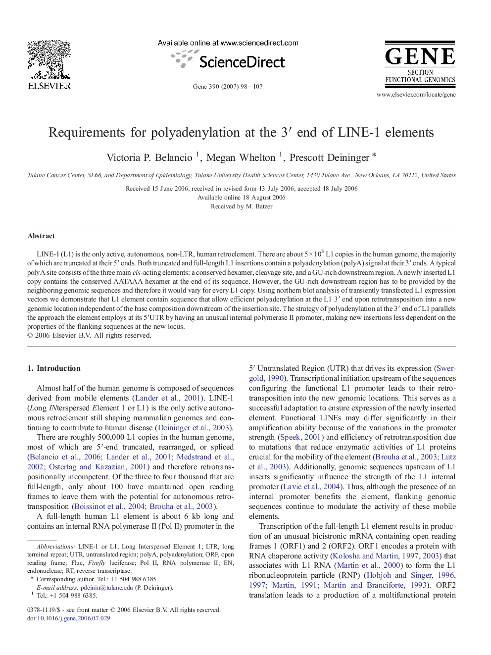 Requirements for polyadenylation at the 3′ end of LINE-1 elements