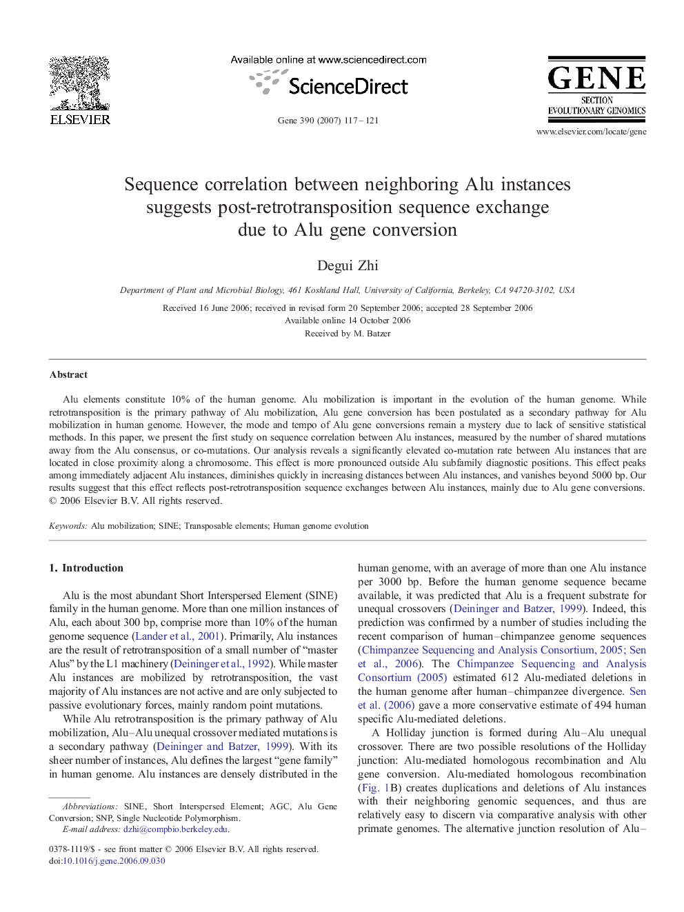 Sequence correlation between neighboring Alu instances suggests post-retrotransposition sequence exchange due to Alu gene conversion