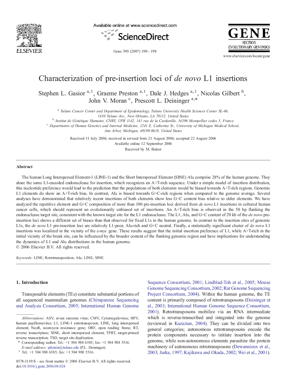 Characterization of pre-insertion loci of de novo L1 insertions