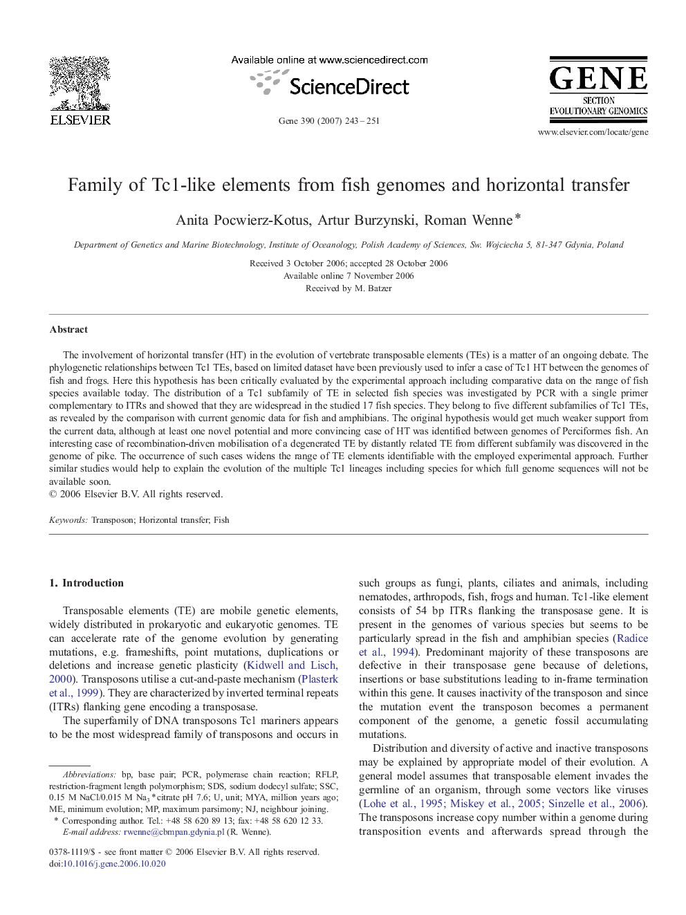 Family of Tc1-like elements from fish genomes and horizontal transfer