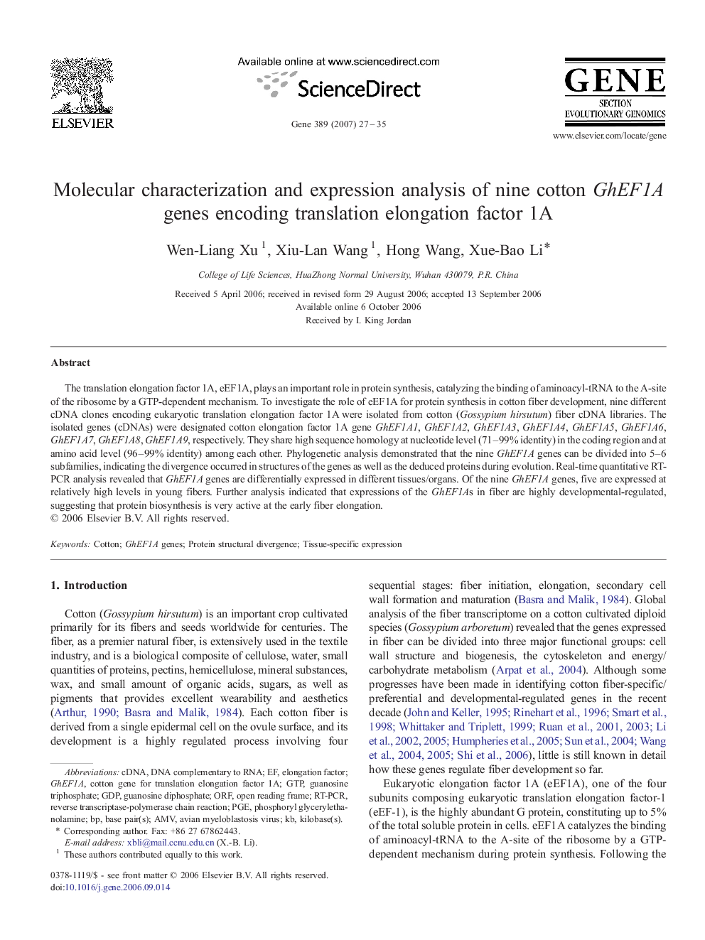 Molecular characterization and expression analysis of nine cotton GhEF1A genes encoding translation elongation factor 1A