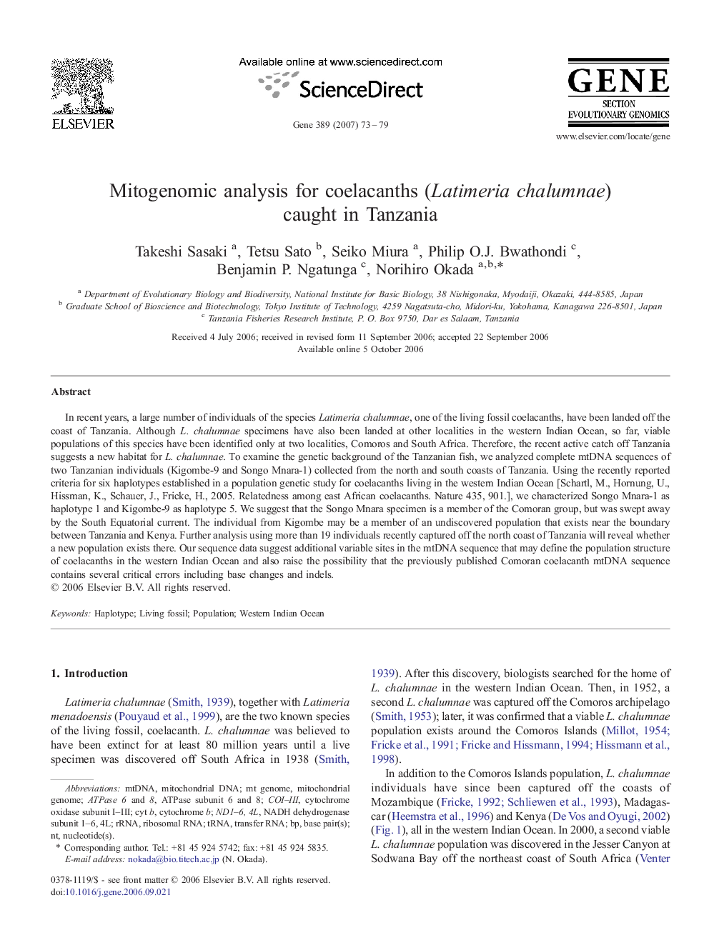 Mitogenomic analysis for coelacanths (Latimeria chalumnae) caught in Tanzania