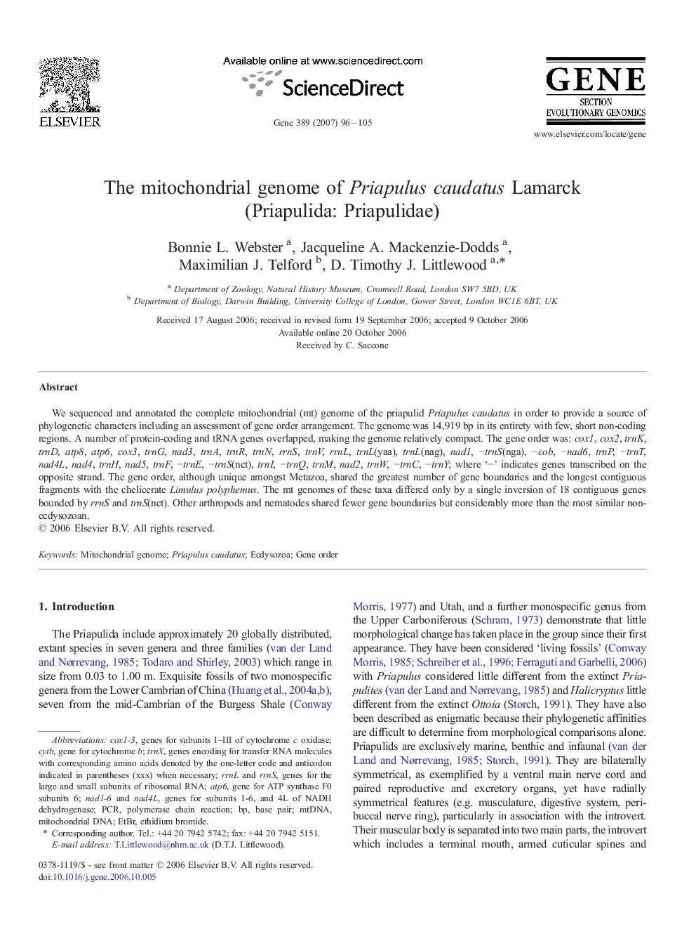 The mitochondrial genome of Priapulus caudatus Lamarck (Priapulida: Priapulidae)