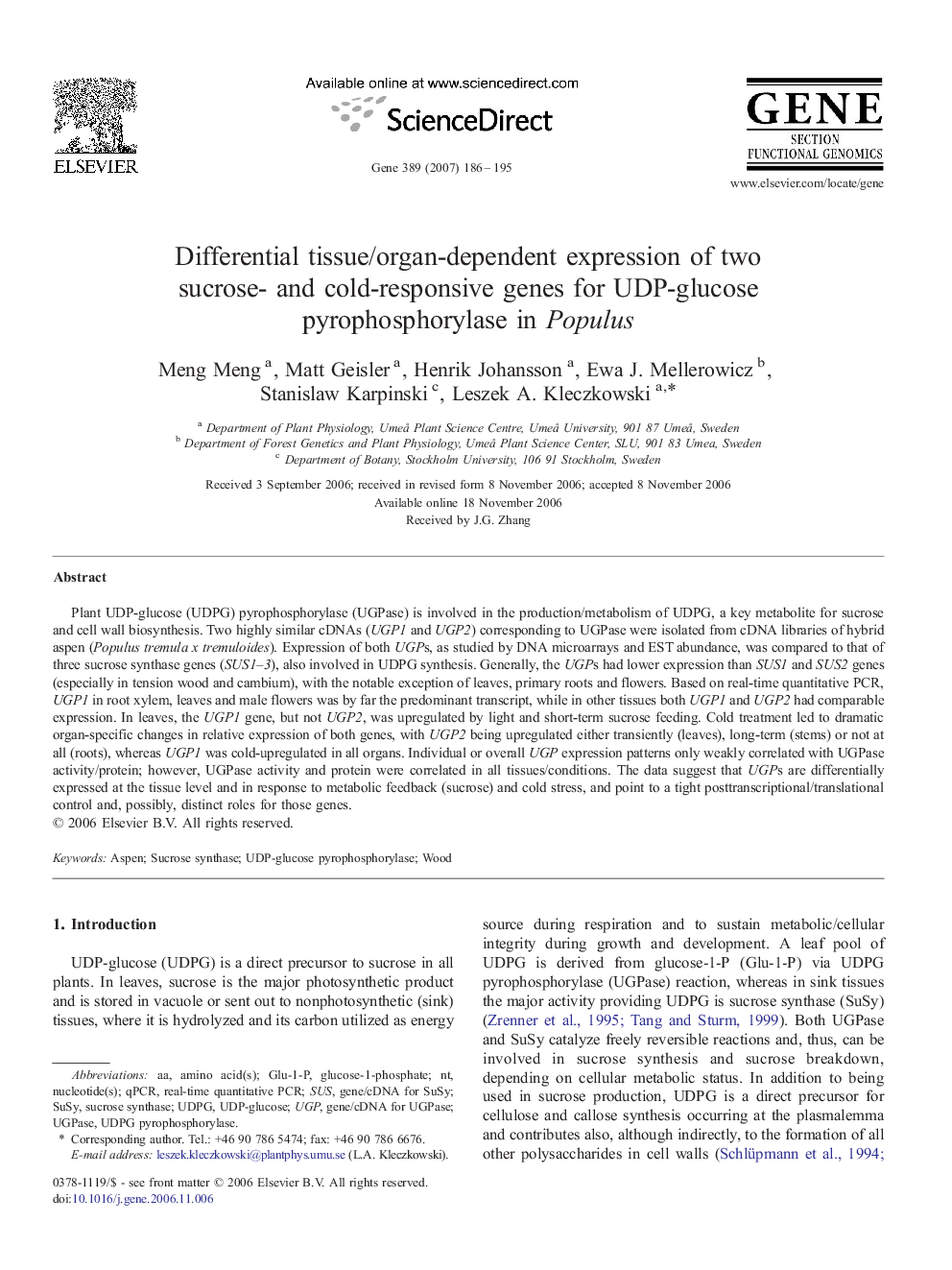 Differential tissue/organ-dependent expression of two sucrose- and cold-responsive genes for UDP-glucose pyrophosphorylase in Populus