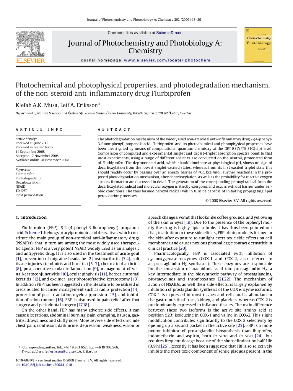 Photochemical and photophysical properties, and photodegradation mechanism, of the non-steroid anti-inflammatory drug Flurbiprofen