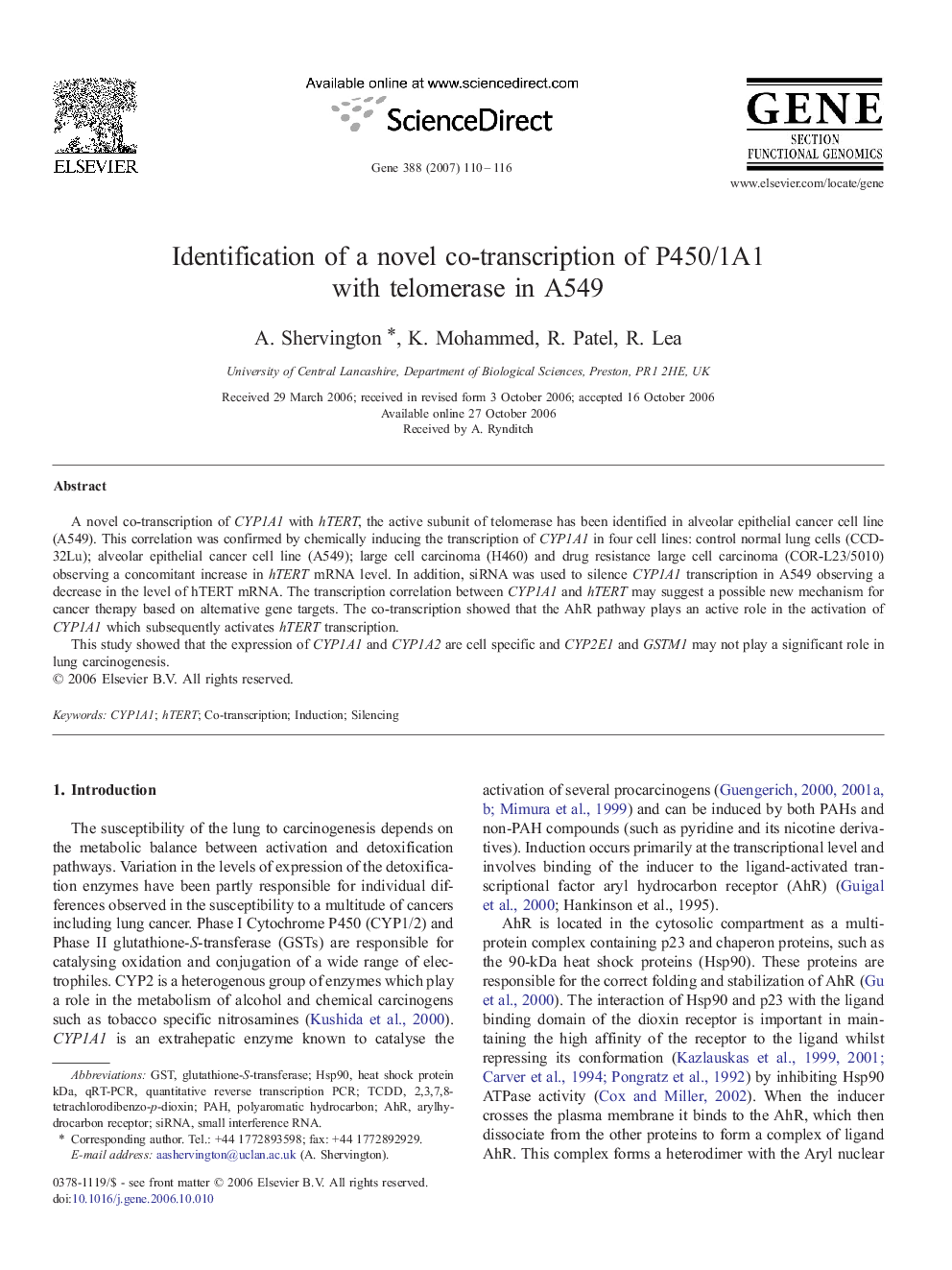 Identification of a novel co-transcription of P450/1A1 with telomerase in A549