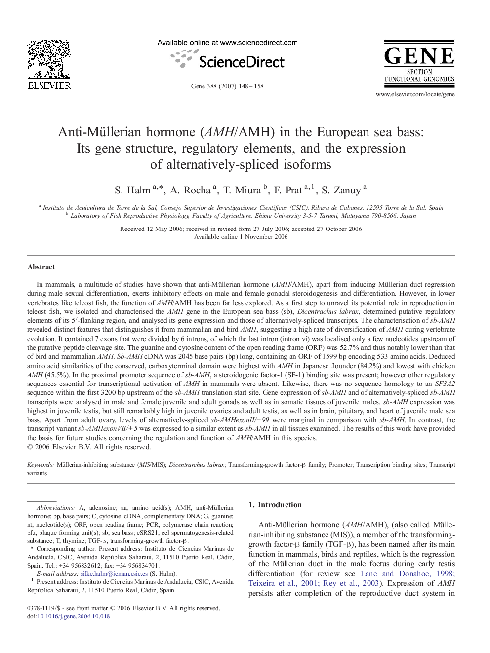 Anti-Müllerian hormone (AMH/AMH) in the European sea bass: Its gene structure, regulatory elements, and the expression of alternatively-spliced isoforms