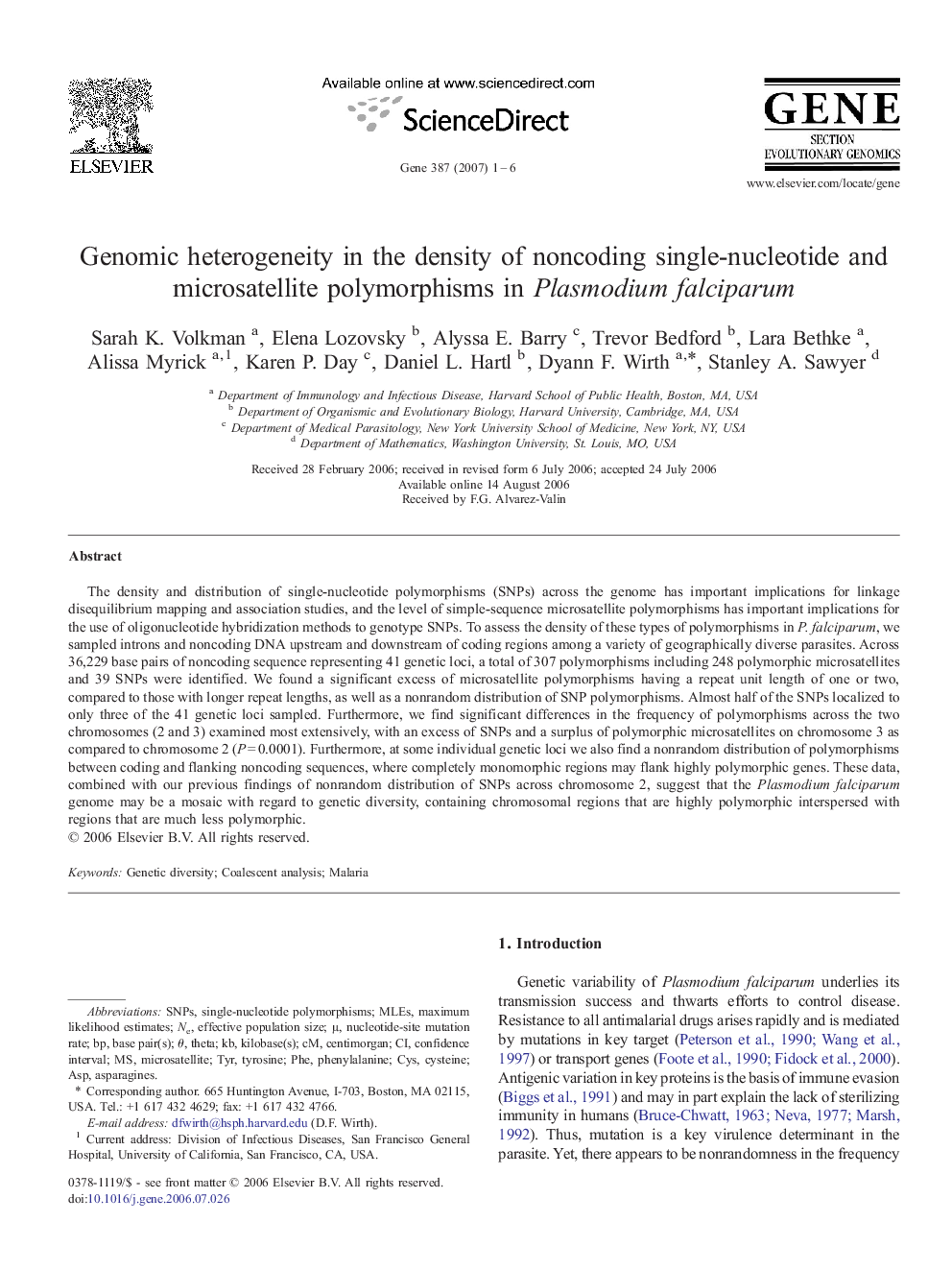 Genomic heterogeneity in the density of noncoding single-nucleotide and microsatellite polymorphisms in Plasmodium falciparum