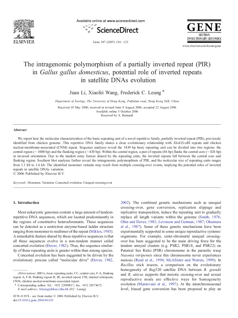 The intragenomic polymorphism of a partially inverted repeat (PIR) in Gallus gallus domesticus, potential role of inverted repeats in satellite DNAs evolution