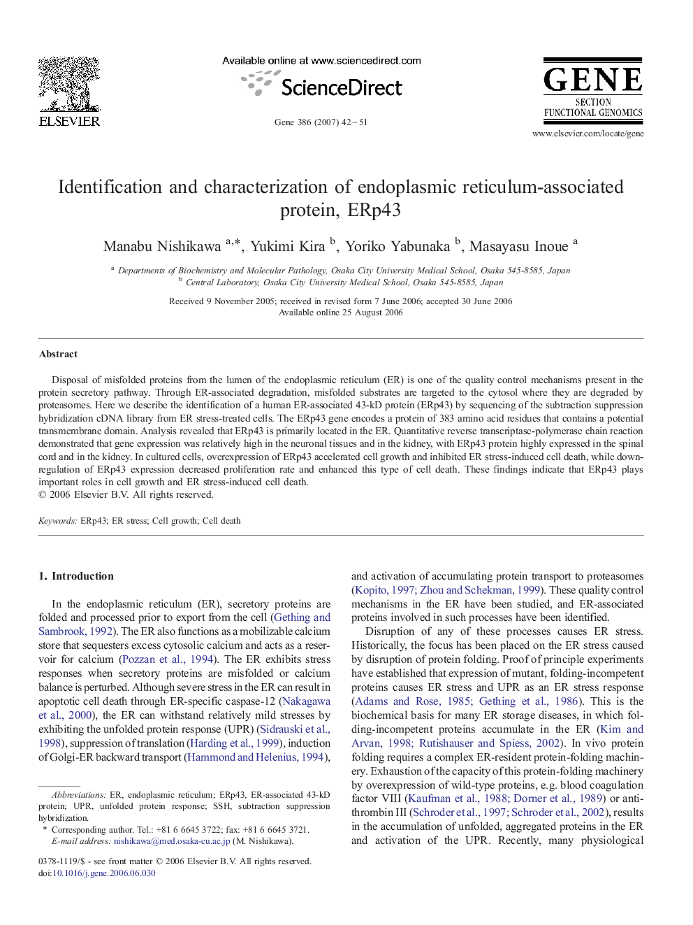 Identification and characterization of endoplasmic reticulum-associated protein, ERp43