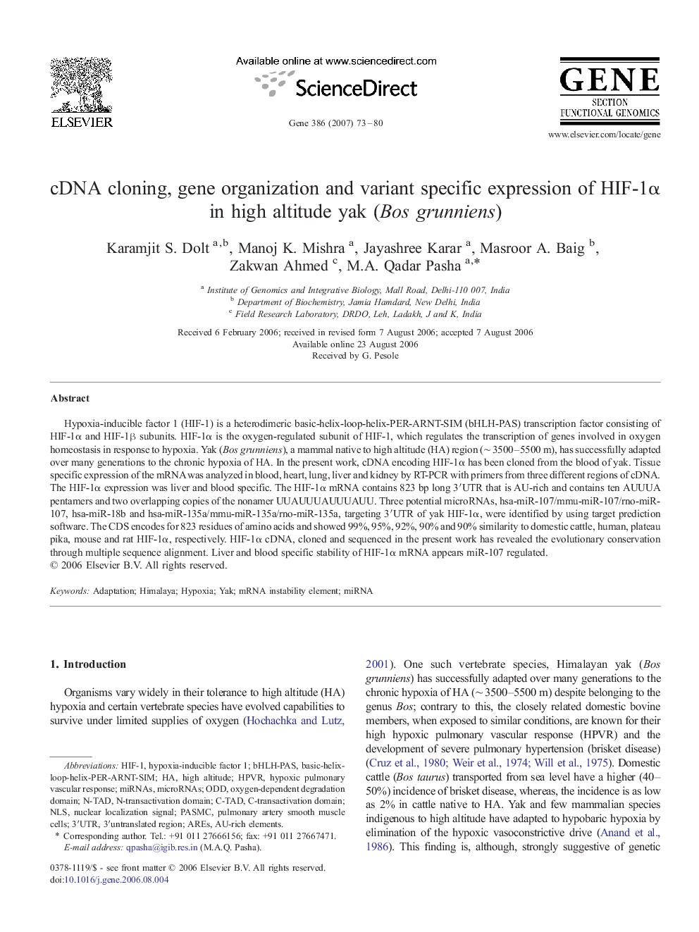 cDNA cloning, gene organization and variant specific expression of HIF-1α in high altitude yak (Bos grunniens)