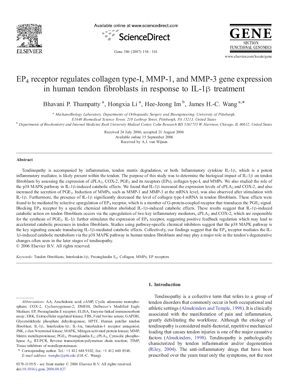 EP4 receptor regulates collagen type-I, MMP-1, and MMP-3 gene expression in human tendon fibroblasts in response to IL-1β treatment