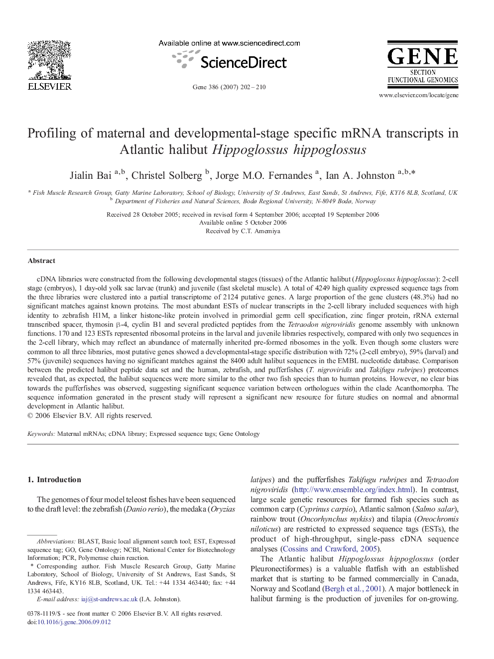 Profiling of maternal and developmental-stage specific mRNA transcripts in Atlantic halibut Hippoglossus hippoglossus