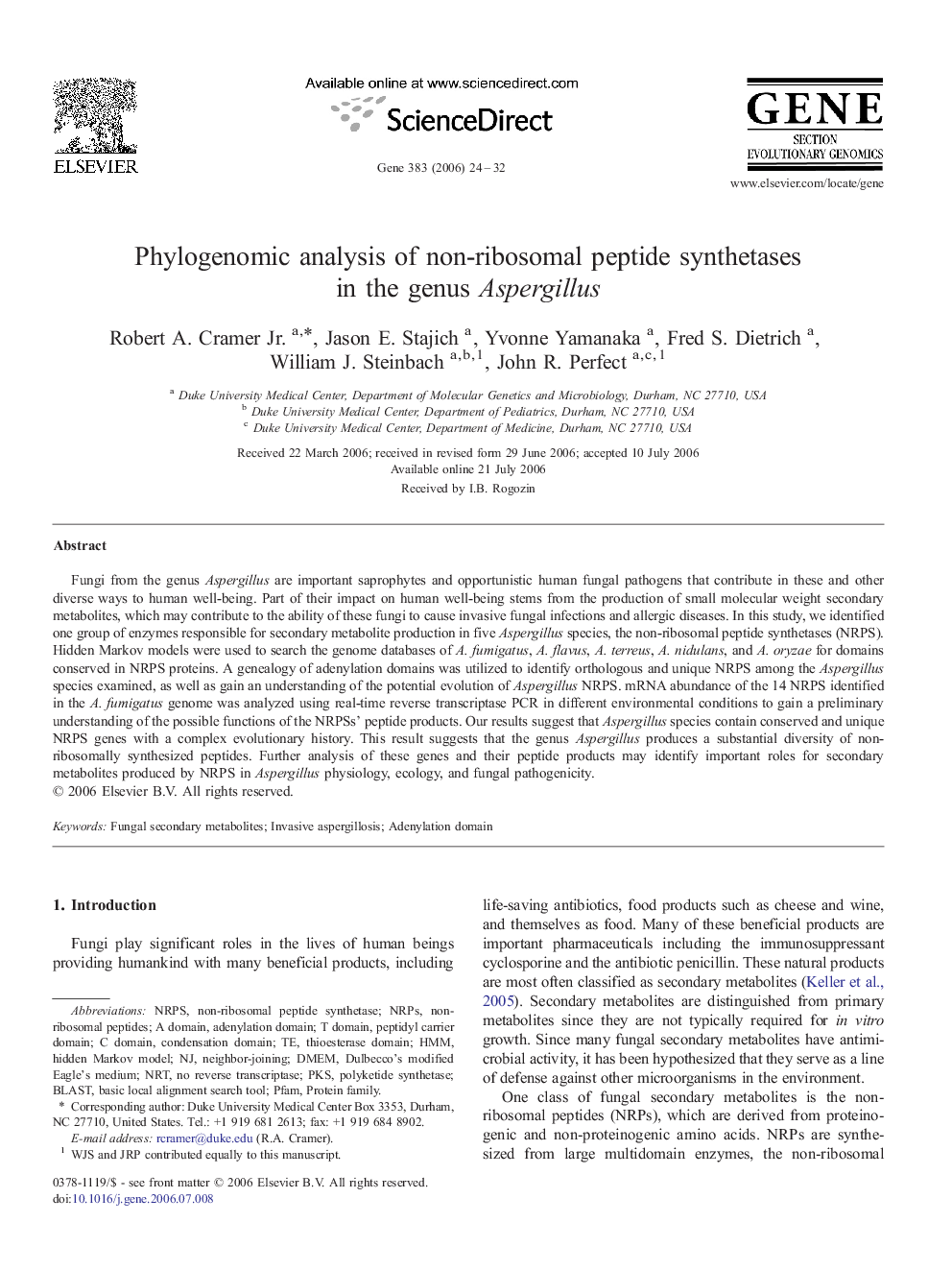 Phylogenomic analysis of non-ribosomal peptide synthetases in the genus Aspergillus