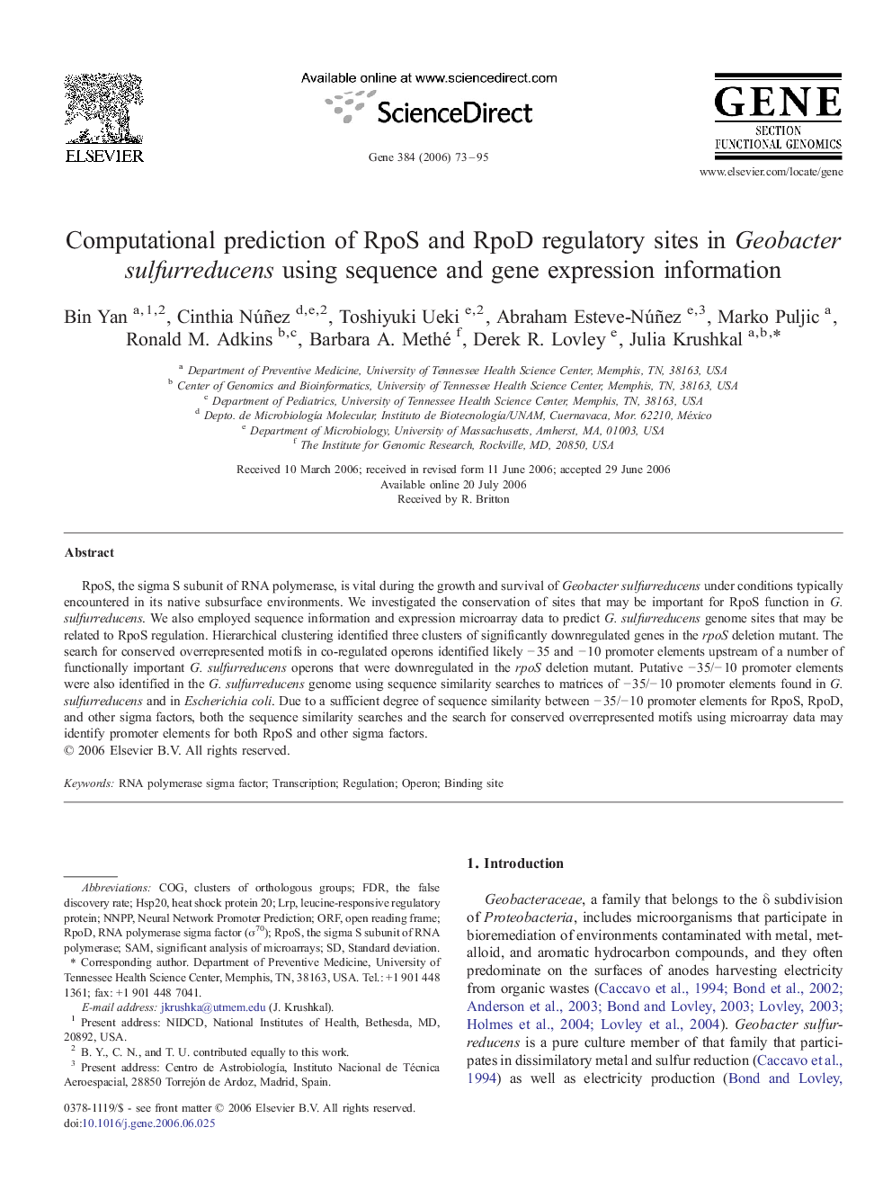 Computational prediction of RpoS and RpoD regulatory sites in Geobacter sulfurreducens using sequence and gene expression information