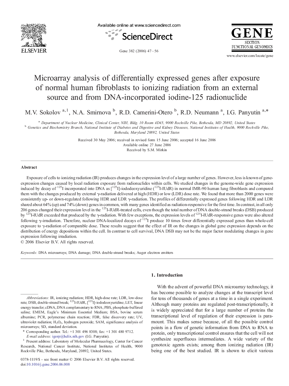 Microarray analysis of differentially expressed genes after exposure of normal human fibroblasts to ionizing radiation from an external source and from DNA-incorporated iodine-125 radionuclide