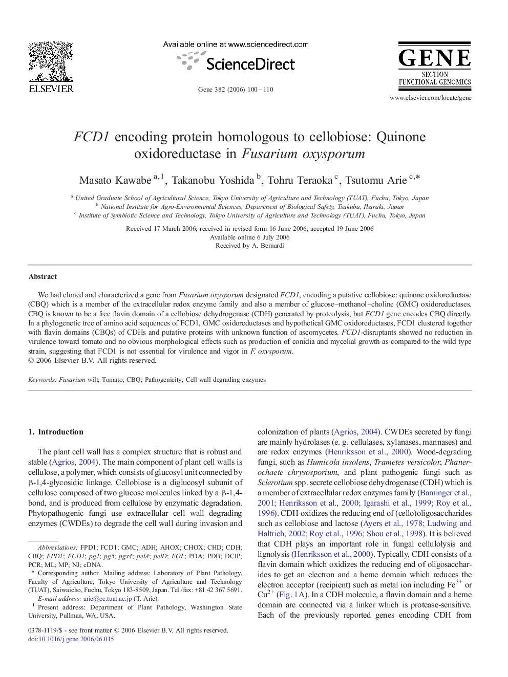 FCD1 encoding protein homologous to cellobiose: Quinone oxidoreductase in Fusarium oxysporum