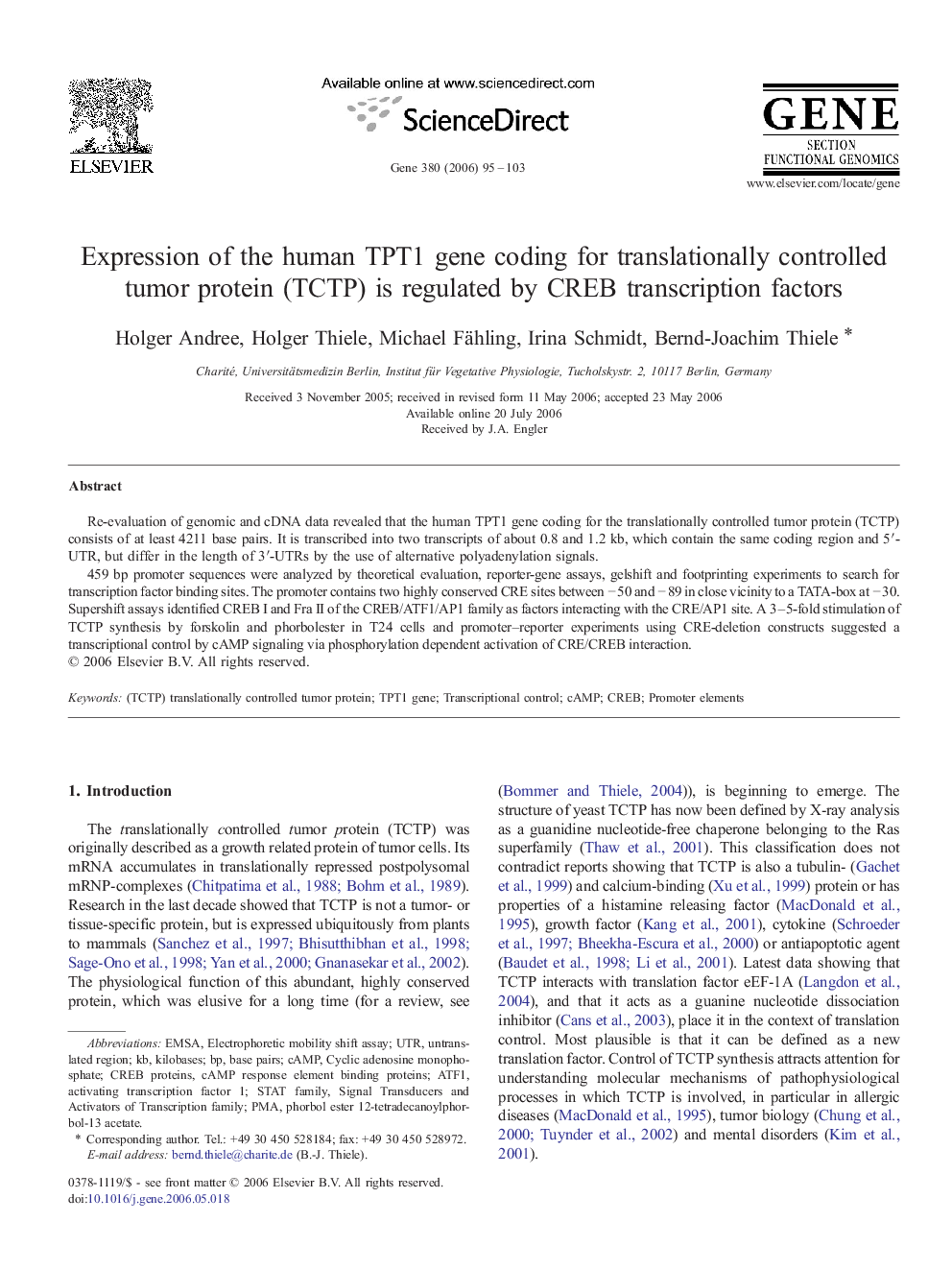 Expression of the human TPT1 gene coding for translationally controlled tumor protein (TCTP) is regulated by CREB transcription factors