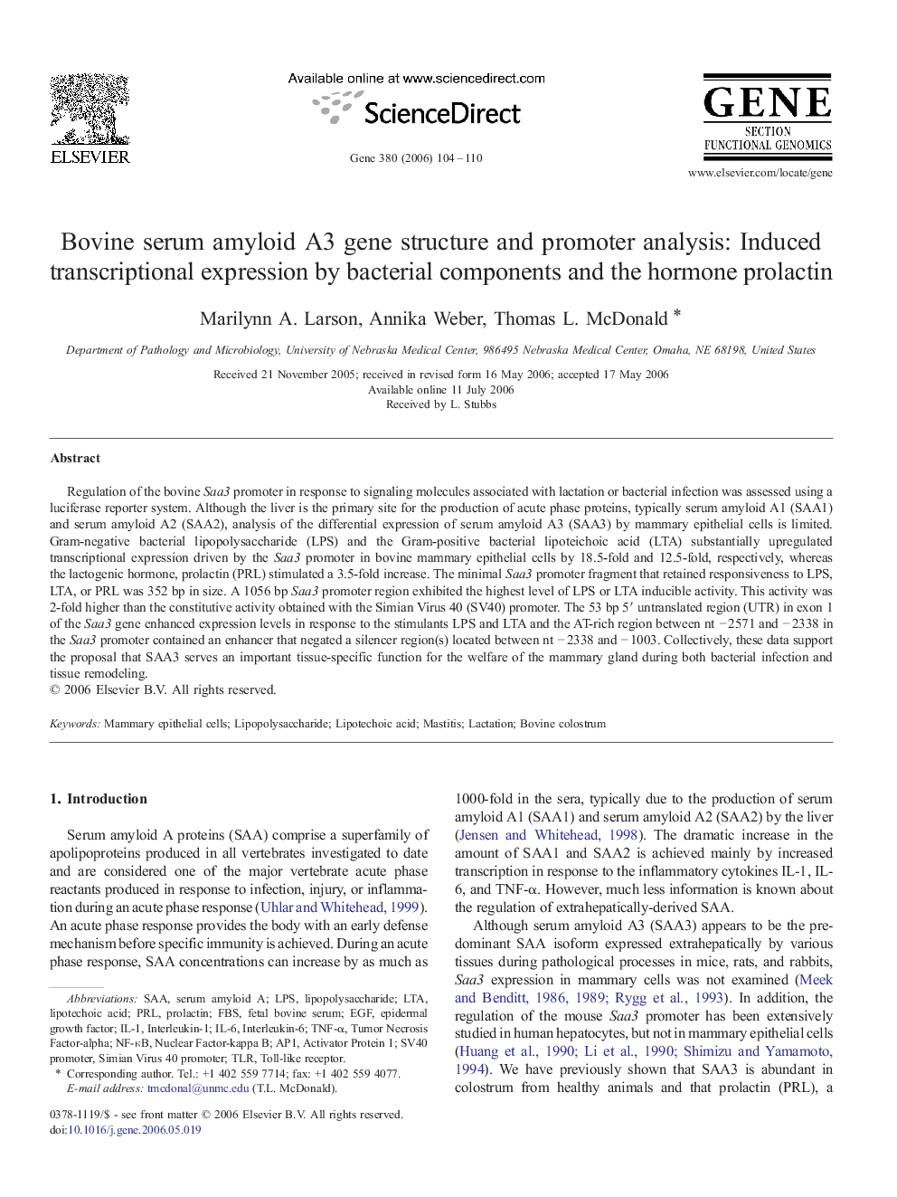 Bovine serum amyloid A3 gene structure and promoter analysis: Induced transcriptional expression by bacterial components and the hormone prolactin