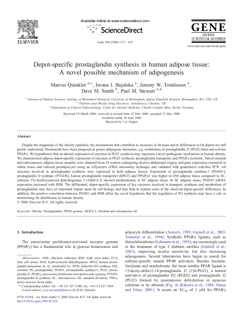 Depot-specific prostaglandin synthesis in human adipose tissue: A novel possible mechanism of adipogenesis