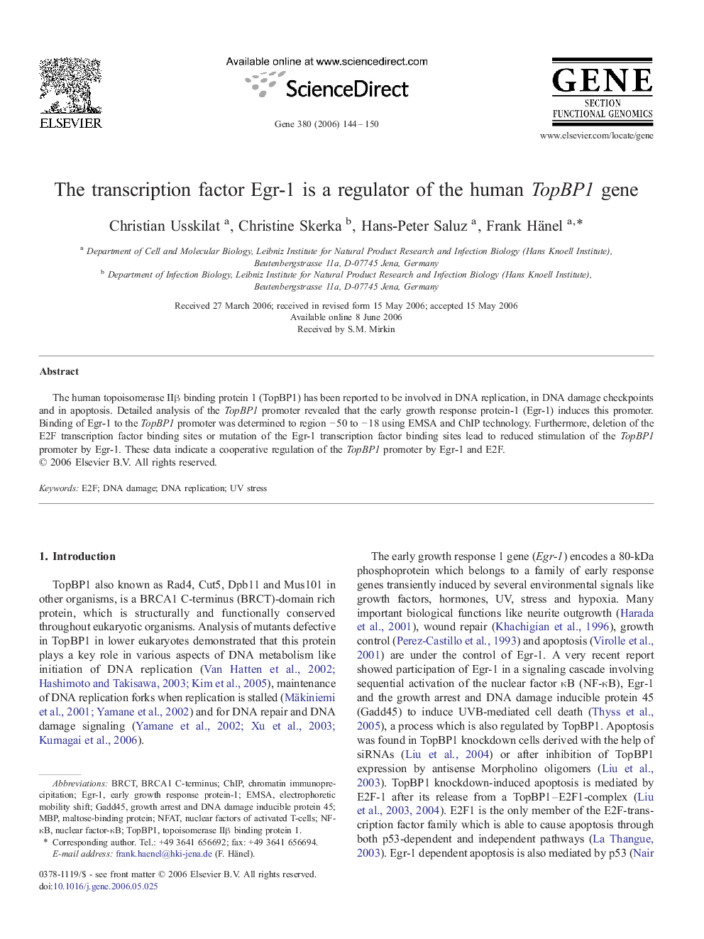 The transcription factor Egr-1 is a regulator of the human TopBP1 gene