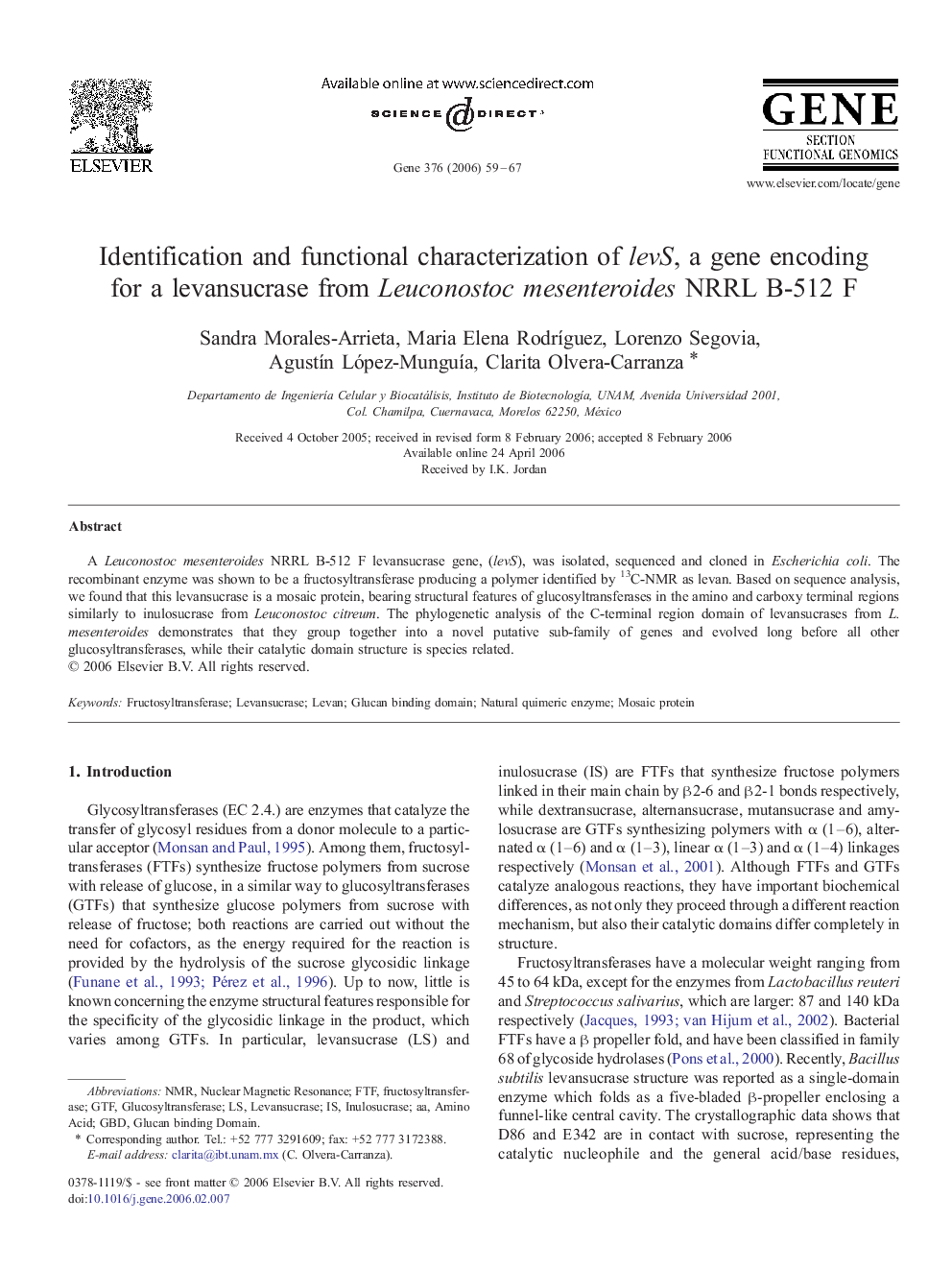 Identification and functional characterization of levS, a gene encoding for a levansucrase from Leuconostoc mesenteroides NRRL B-512 F