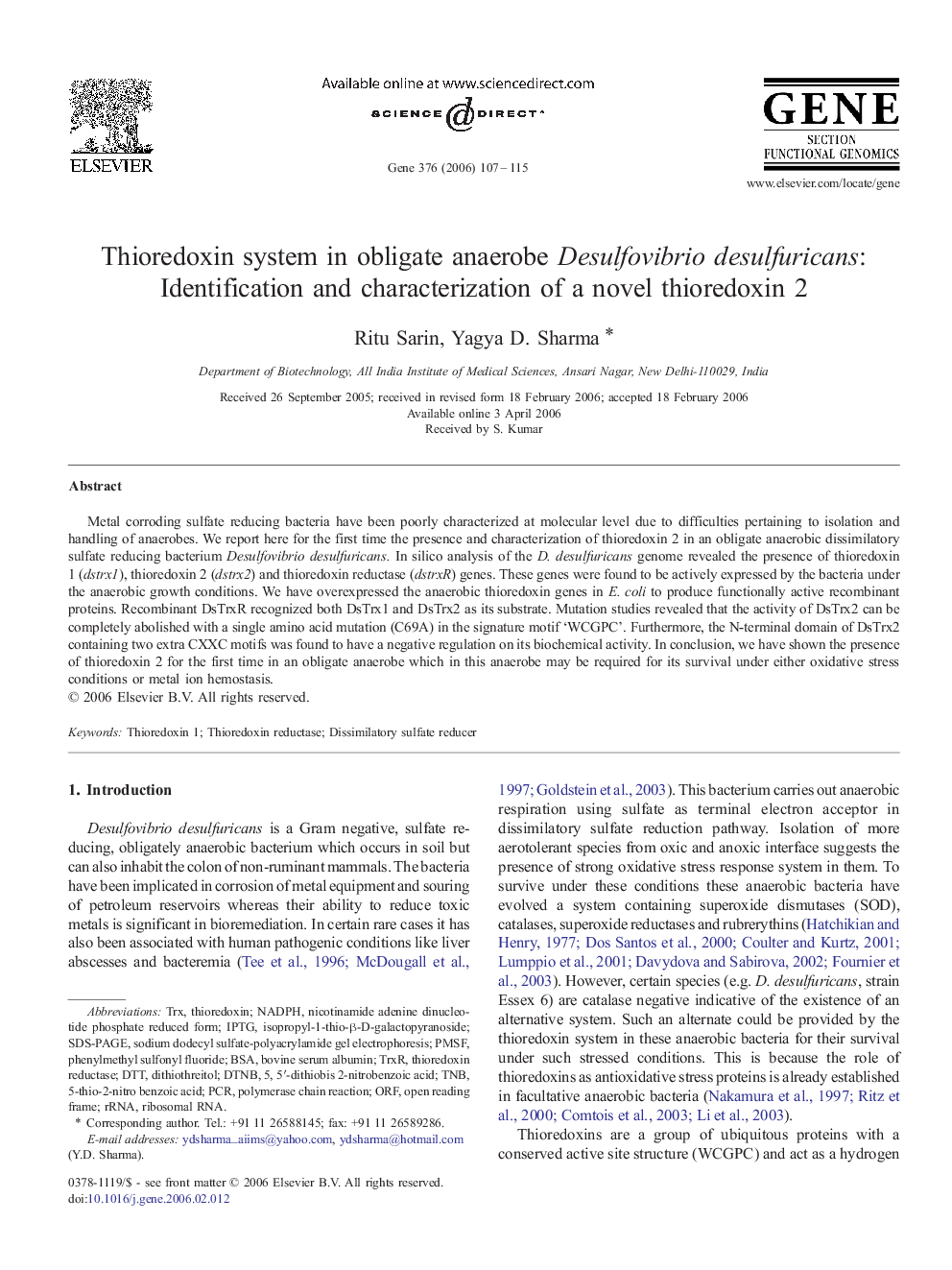 Thioredoxin system in obligate anaerobe Desulfovibrio desulfuricans: Identification and characterization of a novel thioredoxin 2