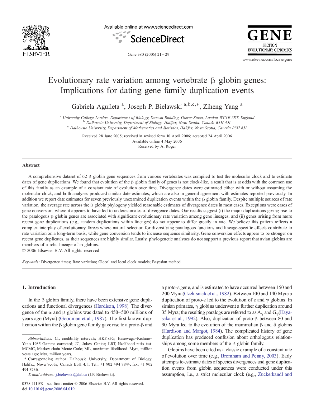 Evolutionary rate variation among vertebrate β globin genes: Implications for dating gene family duplication events