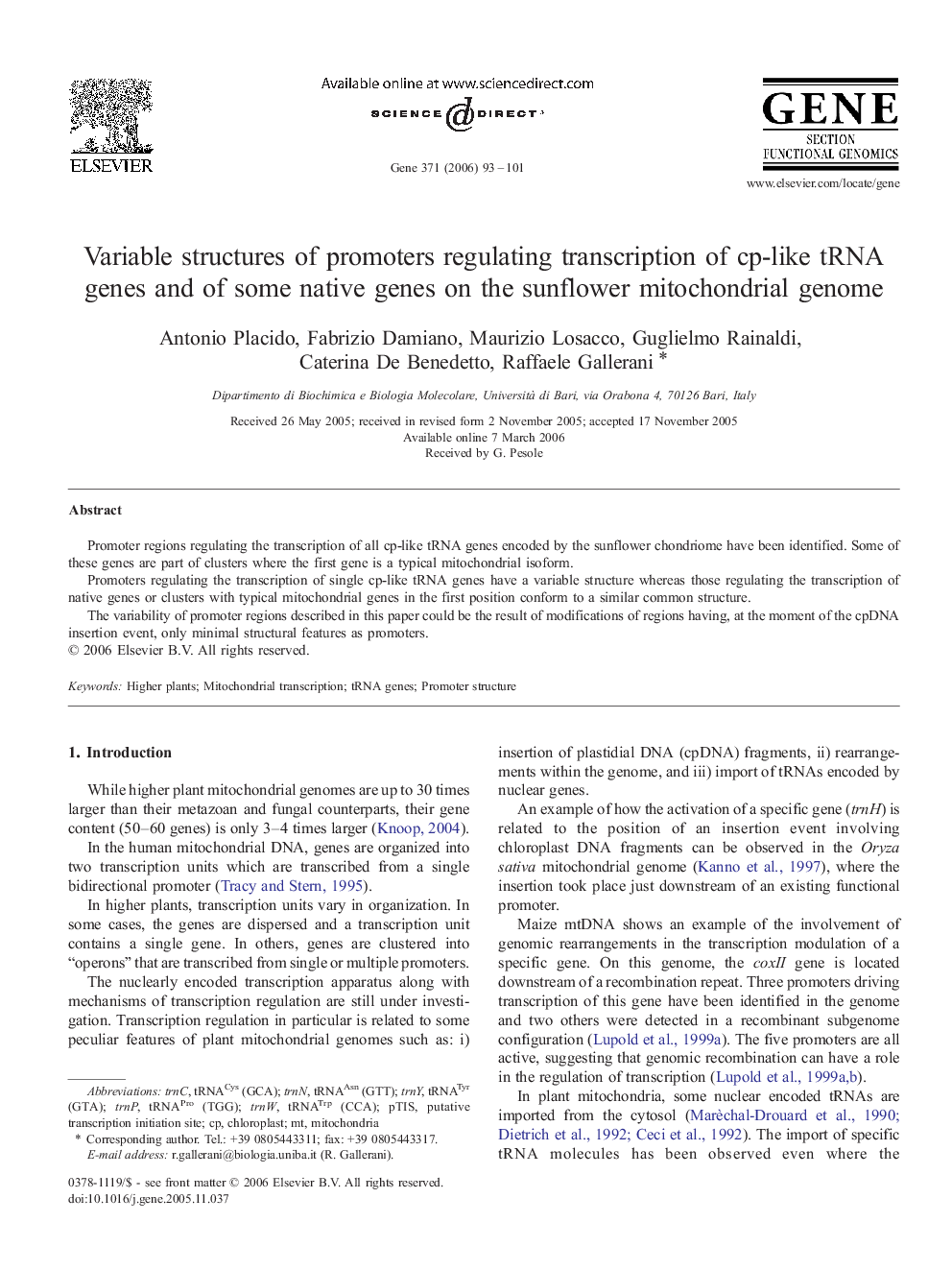 Variable structures of promoters regulating transcription of cp-like tRNA genes and of some native genes on the sunflower mitochondrial genome