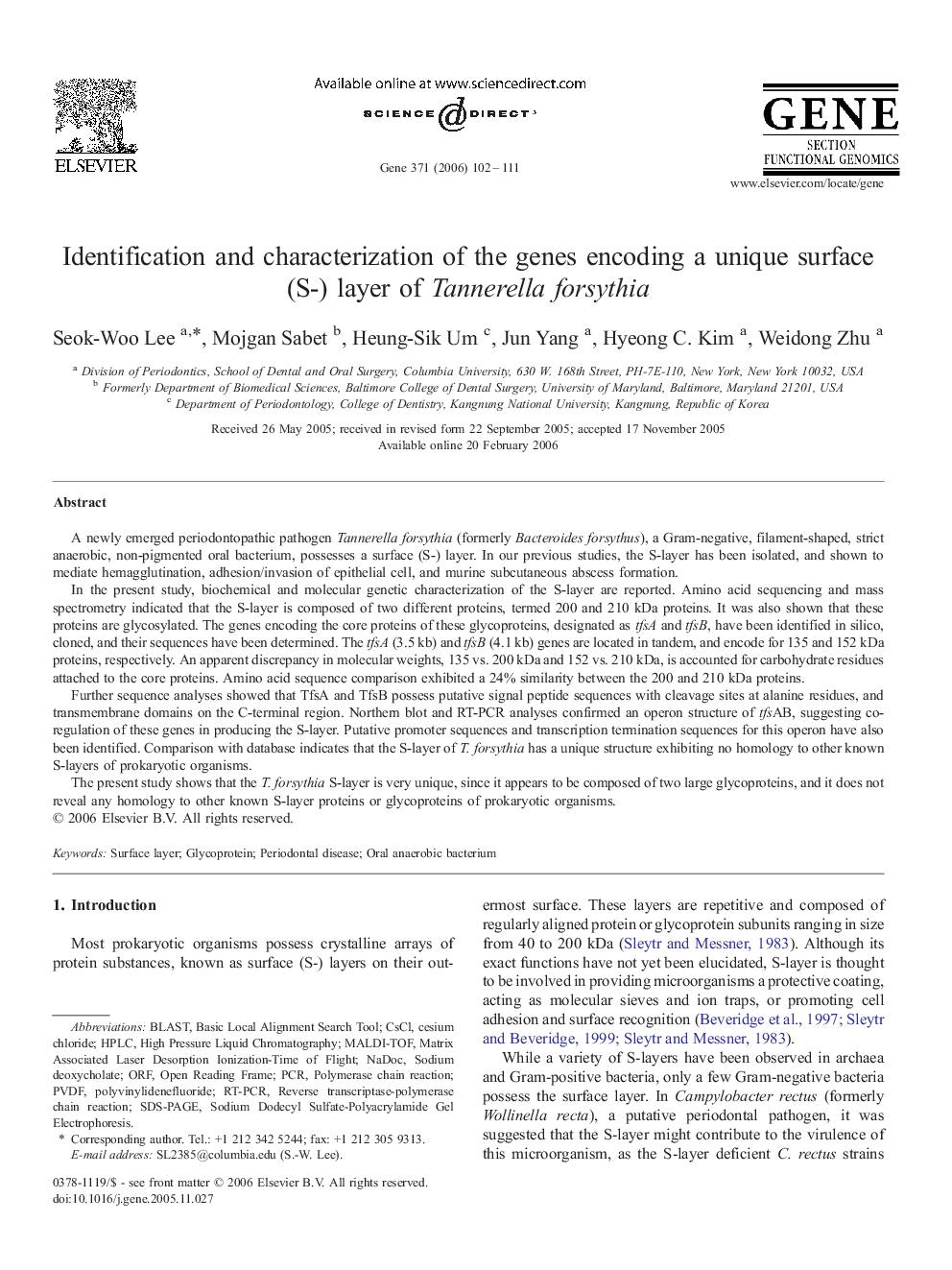 Identification and characterization of the genes encoding a unique surface (S-) layer of Tannerella forsythia