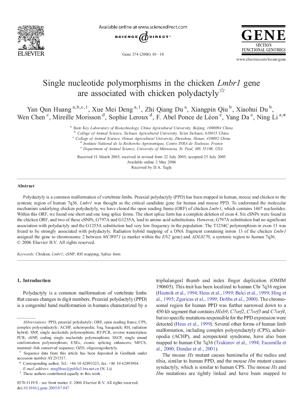 Single nucleotide polymorphisms in the chicken Lmbr1 gene are associated with chicken polydactyly 