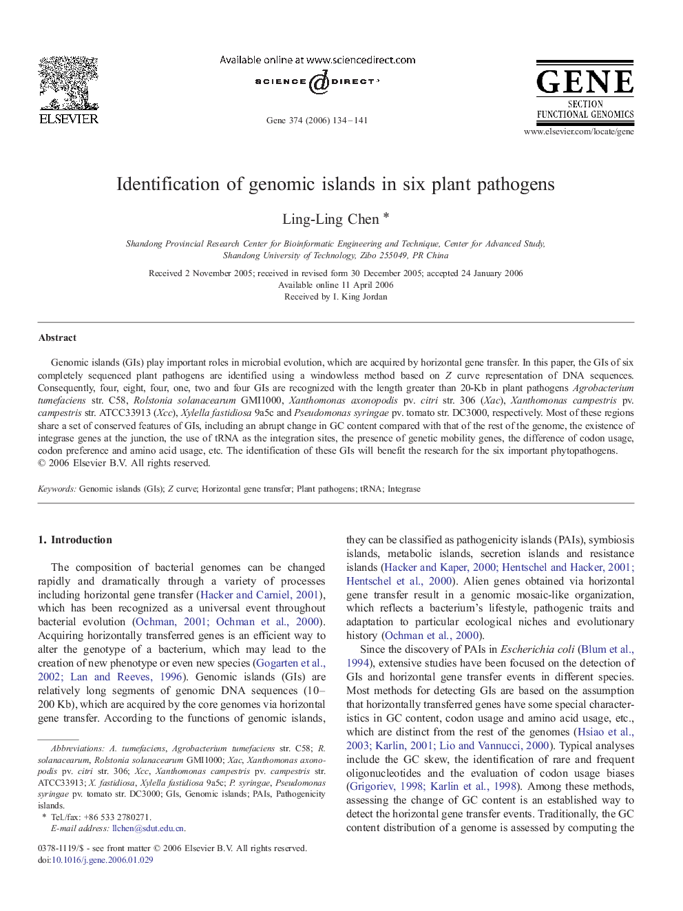 Identification of genomic islands in six plant pathogens