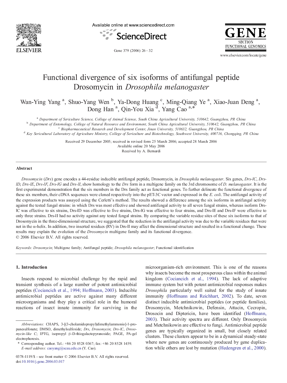 Functional divergence of six isoforms of antifungal peptide Drosomycin in Drosophila melanogaster