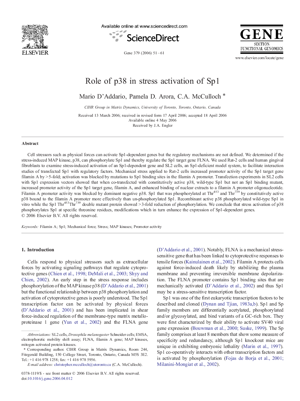 Role of p38 in stress activation of Sp1