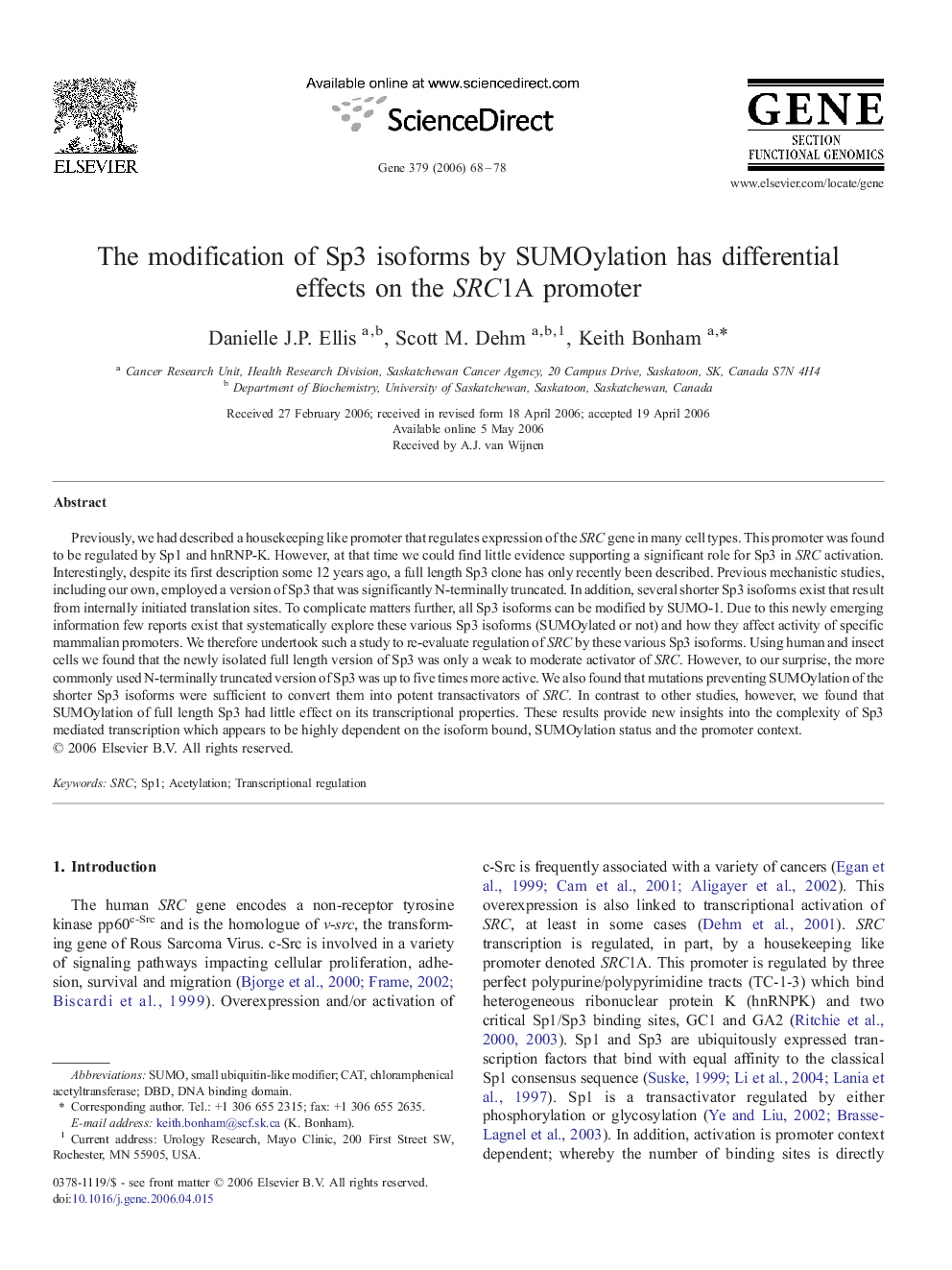 The modification of Sp3 isoforms by SUMOylation has differential effects on the SRC1A promoter