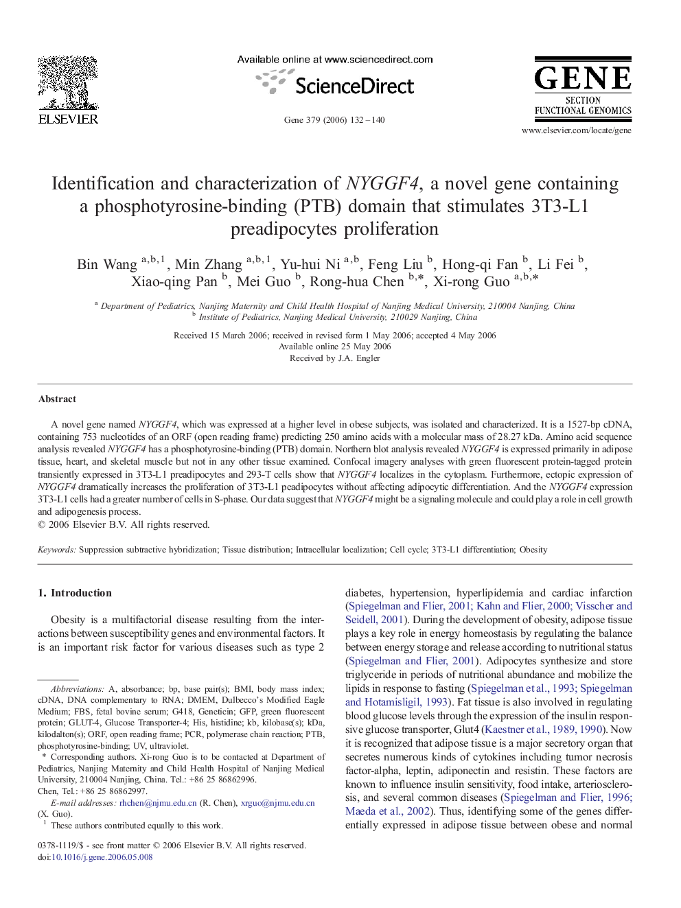 Identification and characterization of NYGGF4, a novel gene containing a phosphotyrosine-binding (PTB) domain that stimulates 3T3-L1 preadipocytes proliferation