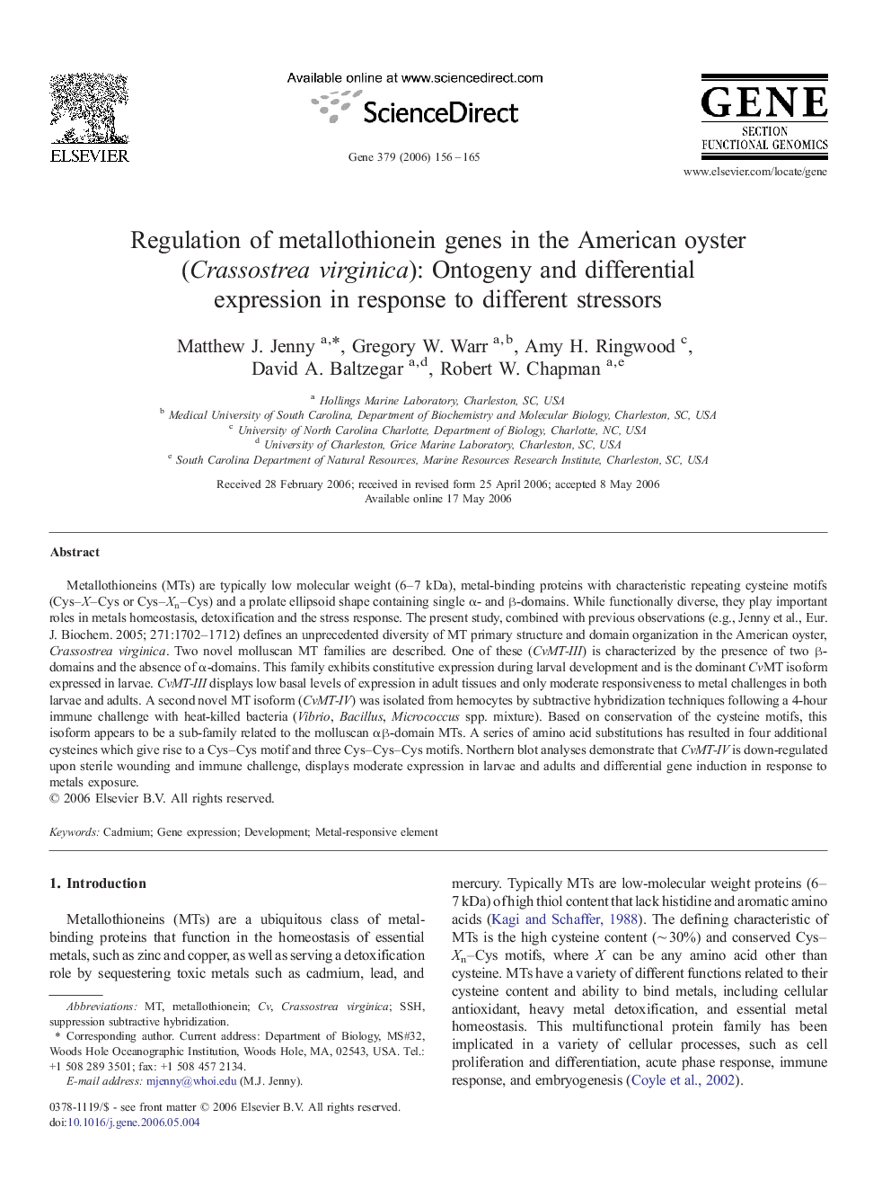 Regulation of metallothionein genes in the American oyster (Crassostrea virginica): Ontogeny and differential expression in response to different stressors