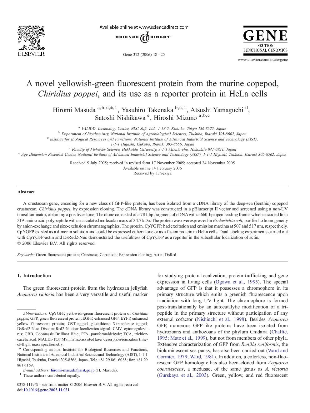 A novel yellowish-green fluorescent protein from the marine copepod, Chiridius poppei, and its use as a reporter protein in HeLa cells