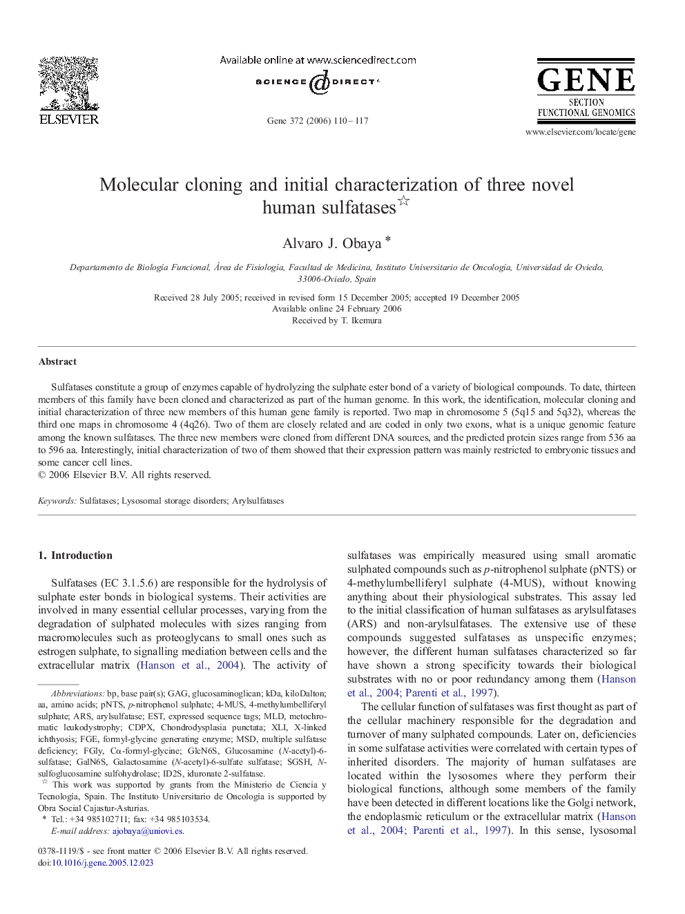 Molecular cloning and initial characterization of three novel human sulfatases 