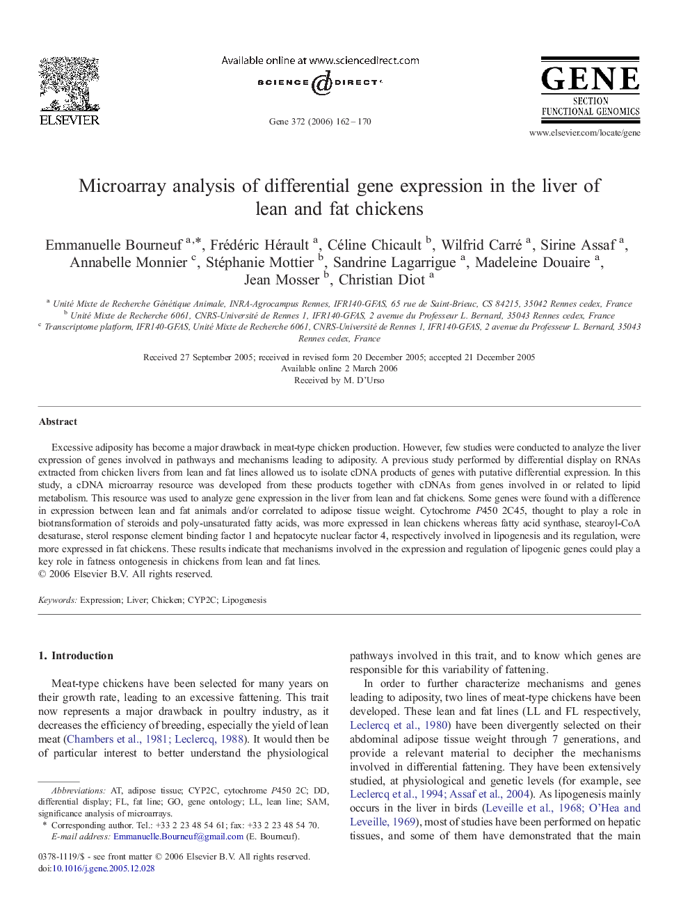 Microarray analysis of differential gene expression in the liver of lean and fat chickens