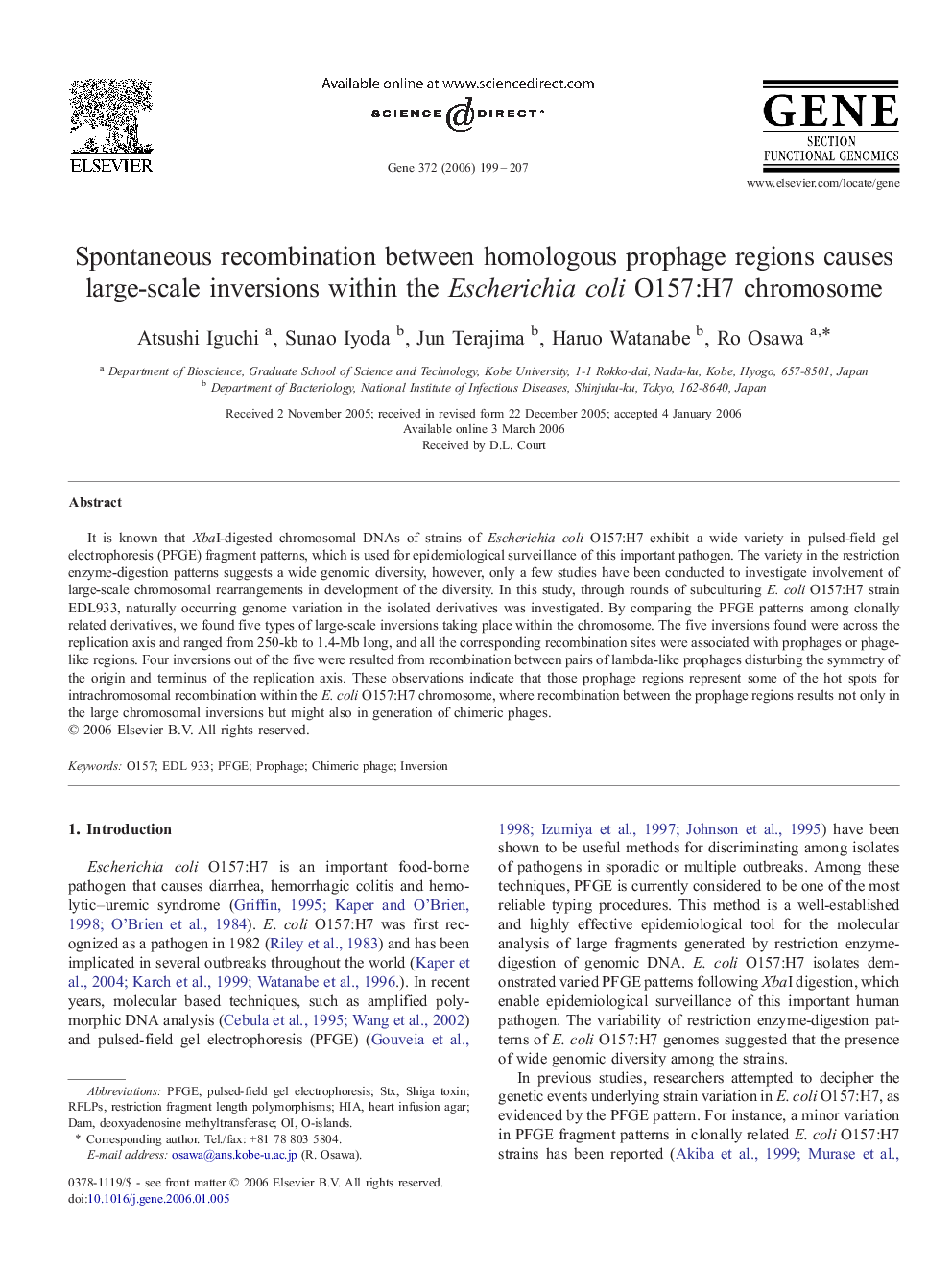 Spontaneous recombination between homologous prophage regions causes large-scale inversions within the Escherichia coli O157:H7 chromosome