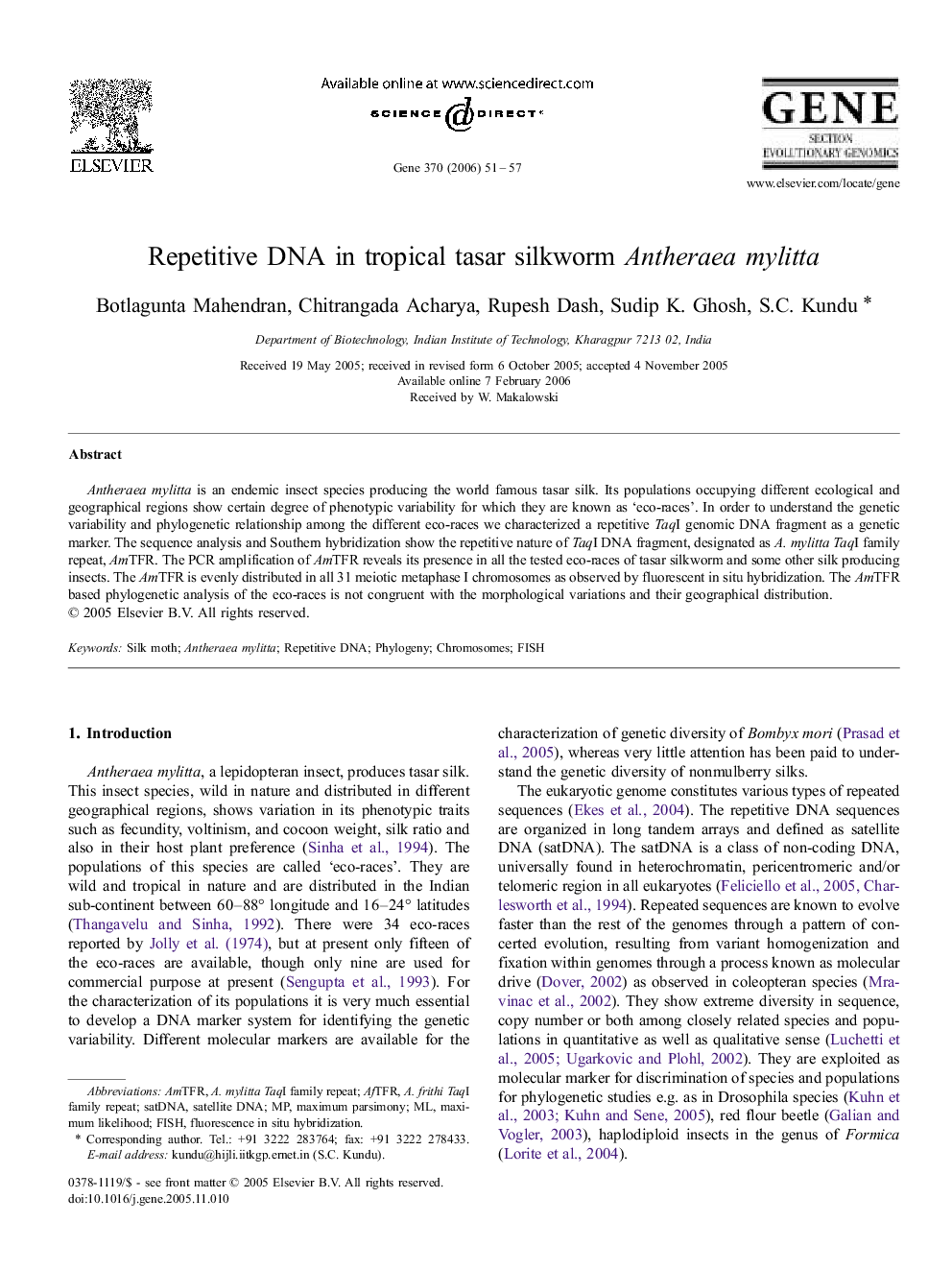 Repetitive DNA in tropical tasar silkworm Antheraea mylitta