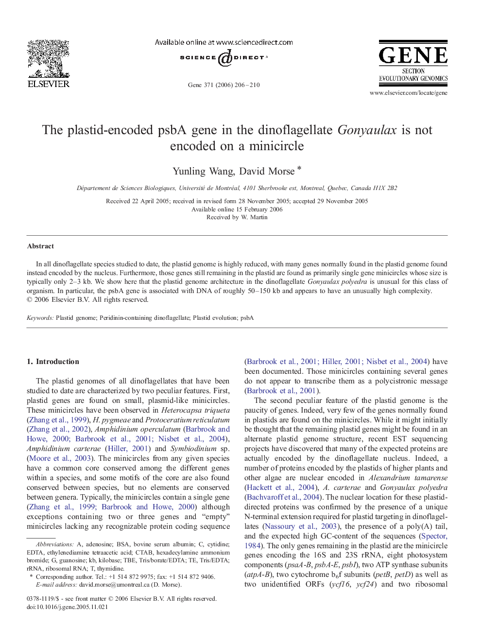 The plastid-encoded psbA gene in the dinoflagellate Gonyaulax is not encoded on a minicircle