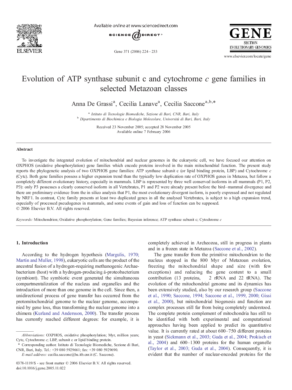 Evolution of ATP synthase subunit c and cytochrome c gene families in selected Metazoan classes